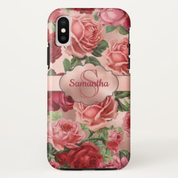 Elegant Vintage Pink Red Roses Floral Monogrammed Iphone X Case by storechichi at Zazzle