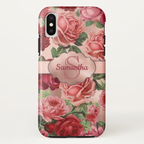 Elegant Vintage Pink Red Roses Floral Monogrammed iPhone X Case