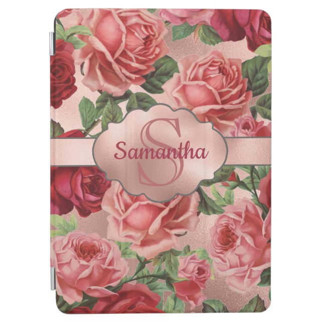 Elegant Vintage Pink Red Roses Floral Monogrammed iPad Air Cover (Front)