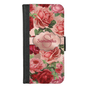 Elegant Vintage Pink Red Roses Floral Monogrammed iPhone 8/7 Wallet Case