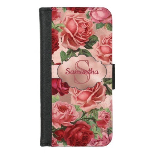 Elegant Vintage Pink Red Roses Floral Monogrammed iPhone 87 Wallet Case