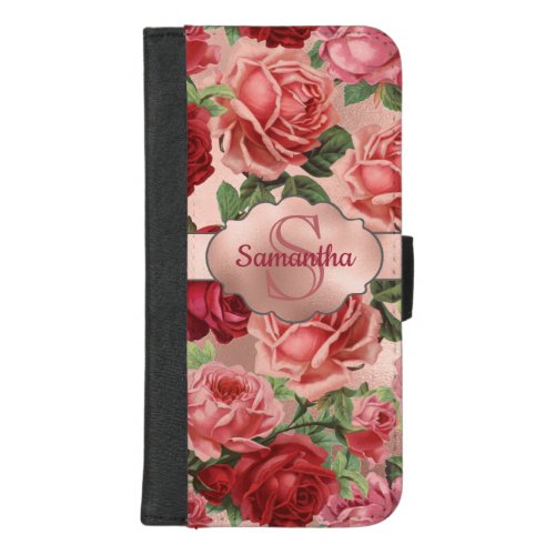 Elegant Vintage Pink Red Roses Floral Monogrammed iPhone 87 Plus Wallet Case