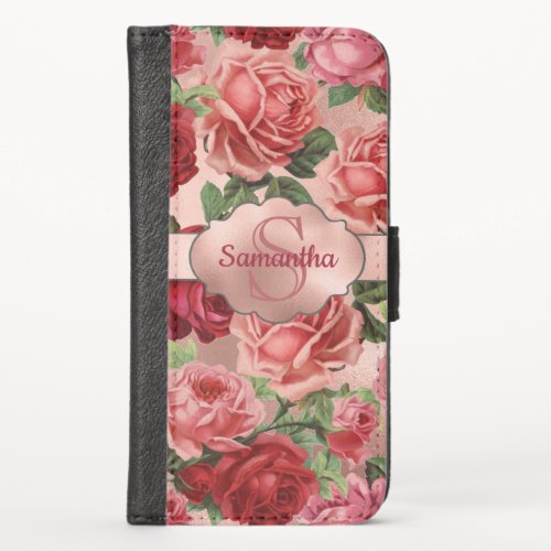 Elegant Vintage Pink Red Roses Floral Monogrammed iPhone X Wallet Case