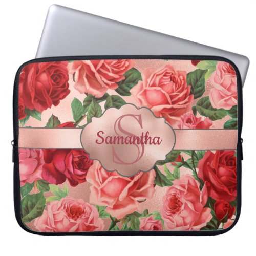 Elegant Vintage Pink Red Roses Floral Monogrammed Laptop Sleeve