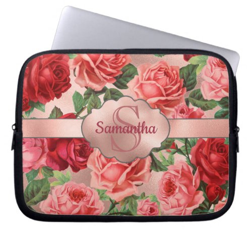 Elegant Vintage Pink Red Roses Floral Monogrammed Laptop Sleeve