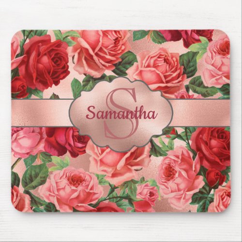 Elegant Vintage Pink Red Roses Floral Monogrammed Mouse Pad