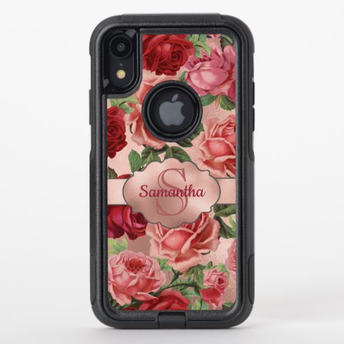 Elegant Vintage Pink Red Roses Floral Monogrammed OtterBox Commuter iPhone XR Case