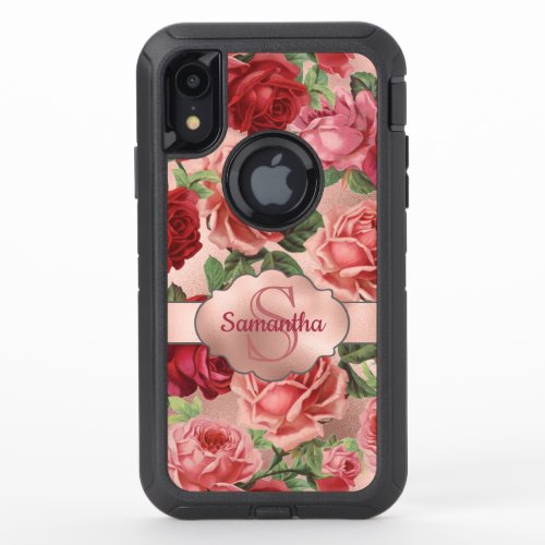 Elegant Vintage Pink Red Roses Floral Monogrammed OtterBox Defender iPhone XR Case