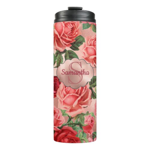 Elegant Vintage Pink Red Roses Floral Monogrammed Thermal Tumbler