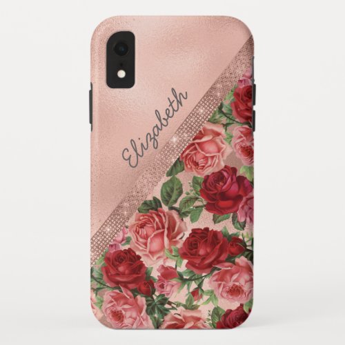 Elegant Vintage Pink Red Roses Floral Monogrammmed iPhone XR Case