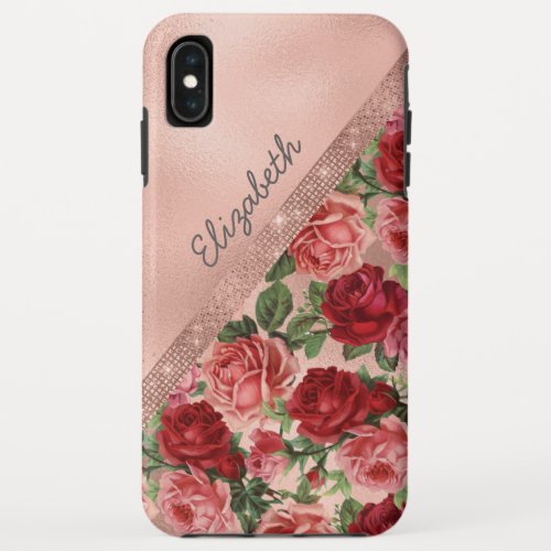 Elegant Vintage Pink Red Roses Floral Monogrammmed iPhone XS Max Case