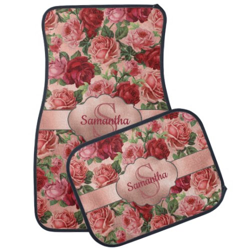 Elegant Vintage Pink Red Roses Floral Name Car Floor Mat