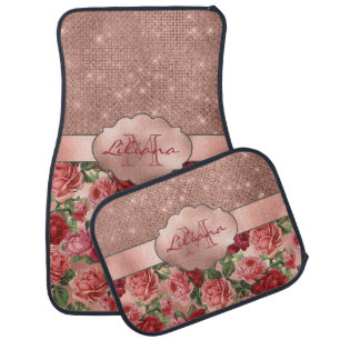 Elegant Vintage Pink Red Roses Floral Name Car Floor Mat