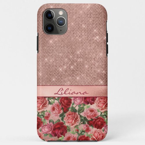 Elegant Vintage Pink Red Roses Floral Name iPhone 11 Pro Max Case