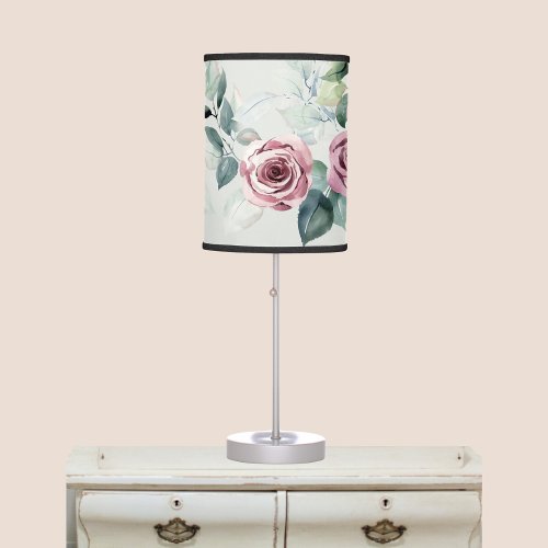 Elegant Vintage Pink Rose and Botanical Green Table Lamp