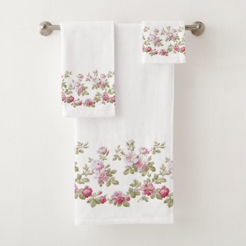 Elegant Vintage Pink Rose Border Bath Towel Set