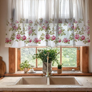 Elegant Vintage Pink Rose Border Sheer Curtains
