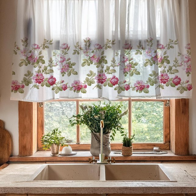 Elegant Vintage Pink Rose Border Sheer Curtains (Creator Uploaded)