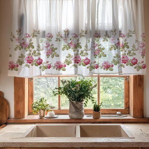 Elegant Vintage Pink Rose Border Sheer Curtains