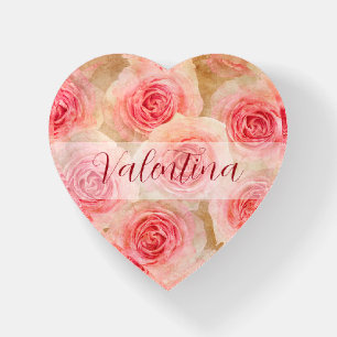 Elegant Vintage Pink Rose Floral Custom Name Paperweight