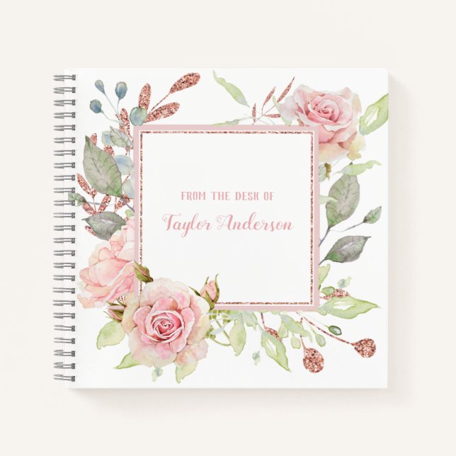 Elegant Vintage Pink Rose Floral Personalized Notebook (Front)