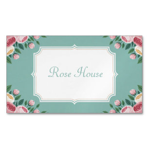 Elegant Vintage Pink Rose Floral Teal Green Business Card Magnet