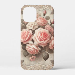 Elegant Vintage Pink Rose Floral with Lace iPhone 12 Mini Case
