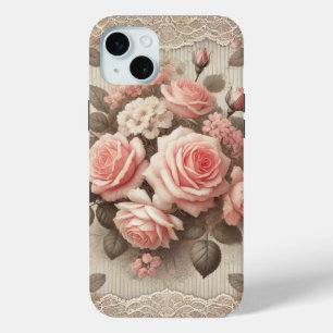 Elegant Vintage Pink Rose Floral with Lace  iPhone 15 Plus Case