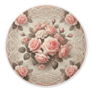 Elegant Vintage Pink Rose Floral with Lace  Ceramic Knob