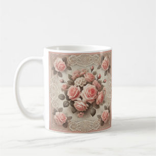 Elegant Vintage Pink Rose Floral with Lace Coffee Mug