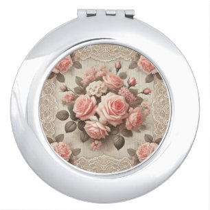 Elegant Vintage Pink Rose Floral with Lace Compact Mirror