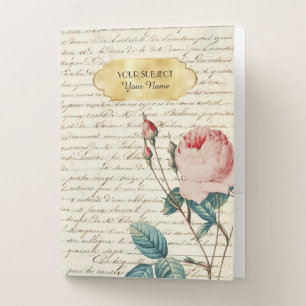 Elegant Vintage Pink Rose Script Gold Name Tag Pocket Folder