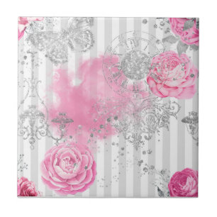 Elegant Vintage Pink Rose Silver Glitter Butterfly Ceramic Tile