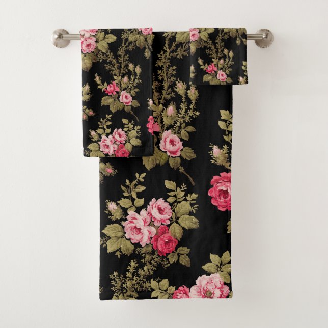 Elegant Vintage Pink Roses-Black Background Bath Towel Set (Insitu)