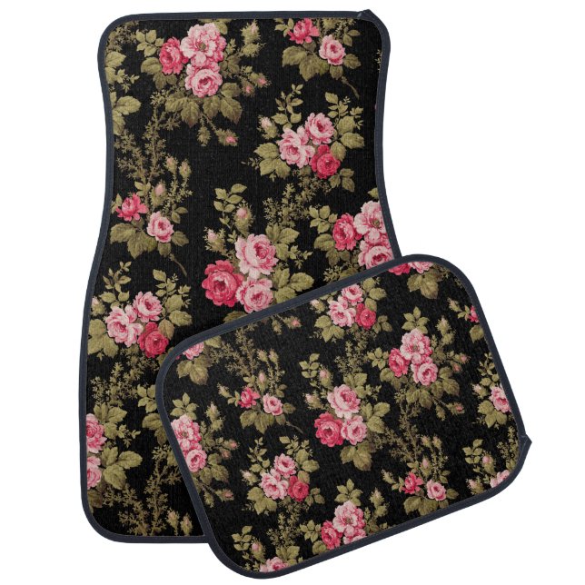 Elegant Vintage Pink Roses-Black Background Car Floor Mat (Set)
