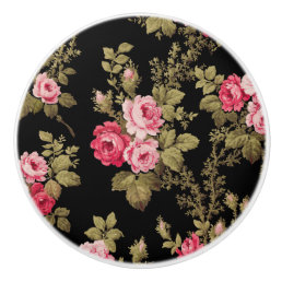 Elegant Vintage Pink Roses-Black Background Ceramic Knob