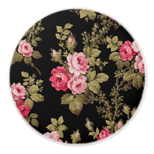 Elegant Vintage Pink Roses_Black Background Ceramic Knob