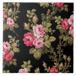 Elegant Vintage Pink Roses-Black Background Ceramic Tile<br><div class="desc">Gorgeous sprays of elegant romantic pink roses and lush green foliage on black background. Pattern is seamless and can be resized up or down using the scale   and - buttons in the design tool.</div>