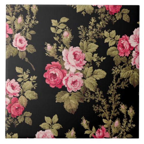 Elegant Vintage Pink Roses_Black Background Ceramic Tile