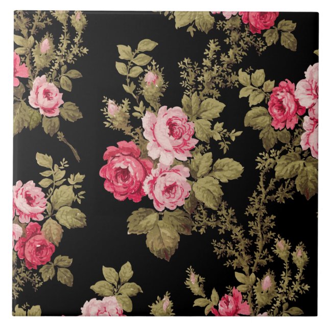 Elegant Vintage Pink Roses-Black Background Ceramic Tile (Front)