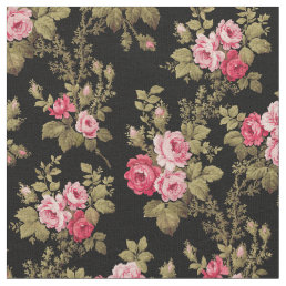 Elegant Vintage Pink Roses-Black Background Fabric
