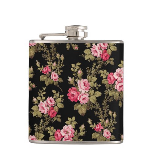 Elegant Vintage Pink Roses_Black Background Flask