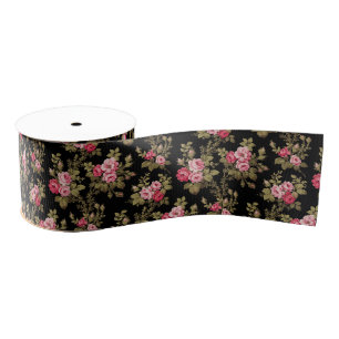 Elegant Vintage Pink Roses-Black Background Grosgrain Ribbon