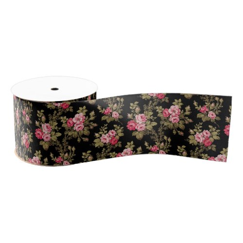 Elegant Vintage Pink Roses_Black Background Grosgrain Ribbon