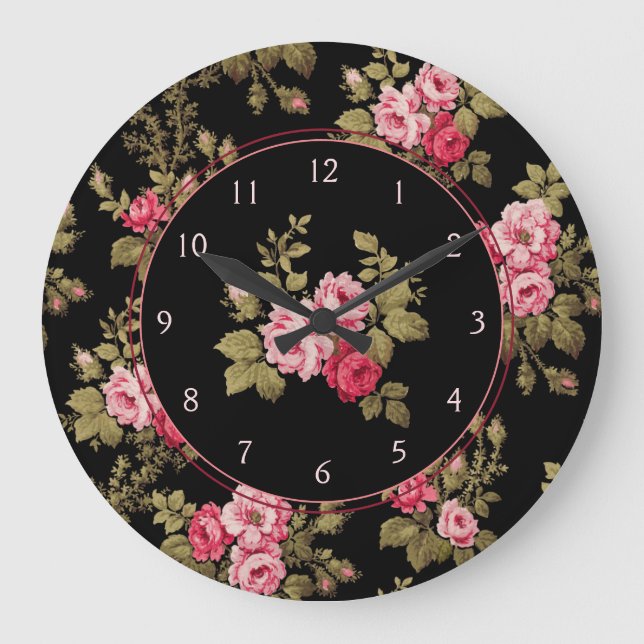 Elegant Vintage Pink Roses-Black Background Large Clock (Front)