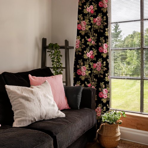 Elegant Vintage Pink Roses_Black Background Sheer Curtains