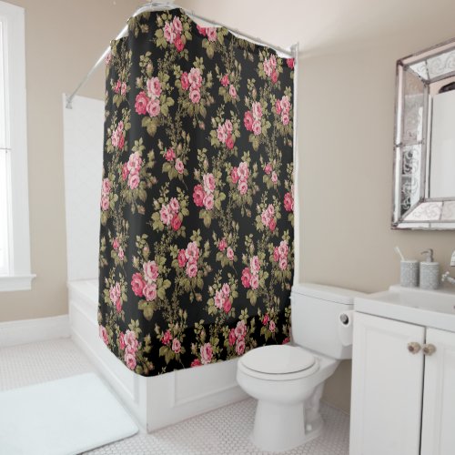 Elegant Vintage Pink Roses_Black Background Shower Curtain