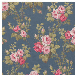 Elegant Vintage Pink Roses-Blue Background  Fabric