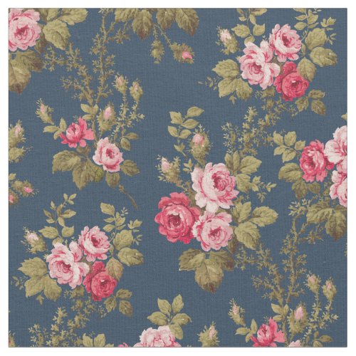 Elegant Vintage Pink Roses_Blue Background  Fabric