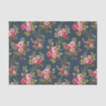 Elegant Vintage Pink Roses-Blue Background Tissue Paper<br><div class="desc">Gorgeous sprays of elegant romantic pink roses and lush green foliage on dark blue background. Pattern is seamless and can be resized up or down using the scale   and - buttons in the design tool.</div>